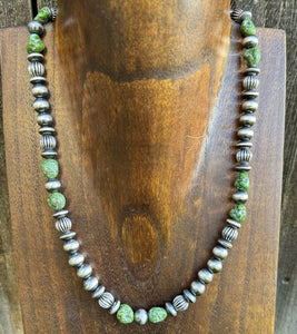 Sterling Silver Pearls Sonoran Gold Turquoise Nuggets Corrugated Bead Necklace