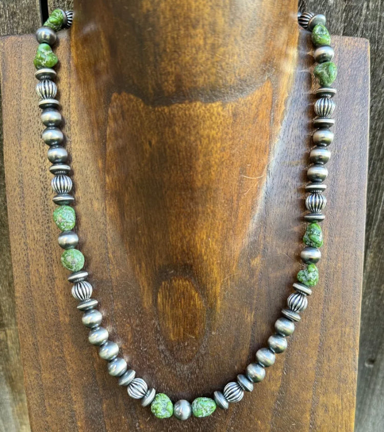 Sterling Silver Pearls Sonoran Gold Turquoise Nuggets Corrugated Bead Necklace