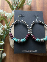 Load image into Gallery viewer, Sterling Silver Purple Spiny Oyster Turquoise Pearls Bead Loop Hoop Earrings