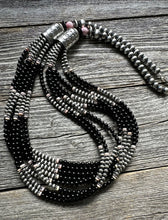 Load image into Gallery viewer, Sterling Silver Multi Strand Black Onyx Pink Conch Pearls Bead Necklace. 28 Inch