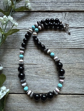 Load image into Gallery viewer, Sterling Silver Black Onyx Multi Stone Turquoise Pink Bead Necklace 18 Inch