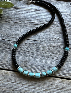 Southwestern 925 Sterling Silver Black Onyx Turquoise Bead Necklace 18 Inch