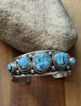 Load image into Gallery viewer, Navajo Native American Sterling Silver Blue Turquoise Row Cuff Bracelet J Nelson