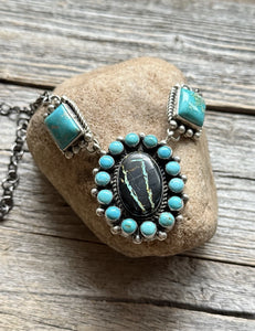 Navajo Sterling Silver Black Jack Turquoise Cluster Lariat Y Bead Necklace KY