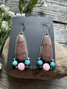 Navajo Sterling Silver Multi Stone Turquoise Pink Conch Earrings RY