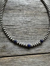 Load image into Gallery viewer, Sterling Silver 4mm Pearls with Lapis Bead Necklace Choker. 14 inch