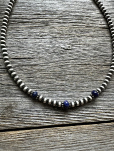 Sterling Silver 4mm Pearls with Lapis Bead Necklace Choker. 14 inch