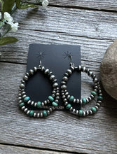 Load image into Gallery viewer, Southwestern SterlingSilver Green Turquoise Pearls Double Loop Earrings 2.5 Inch