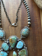 Load image into Gallery viewer, Navajo Sterling Silver Blue Green Royston Turquoise Lariat Pearls Naja Necklace