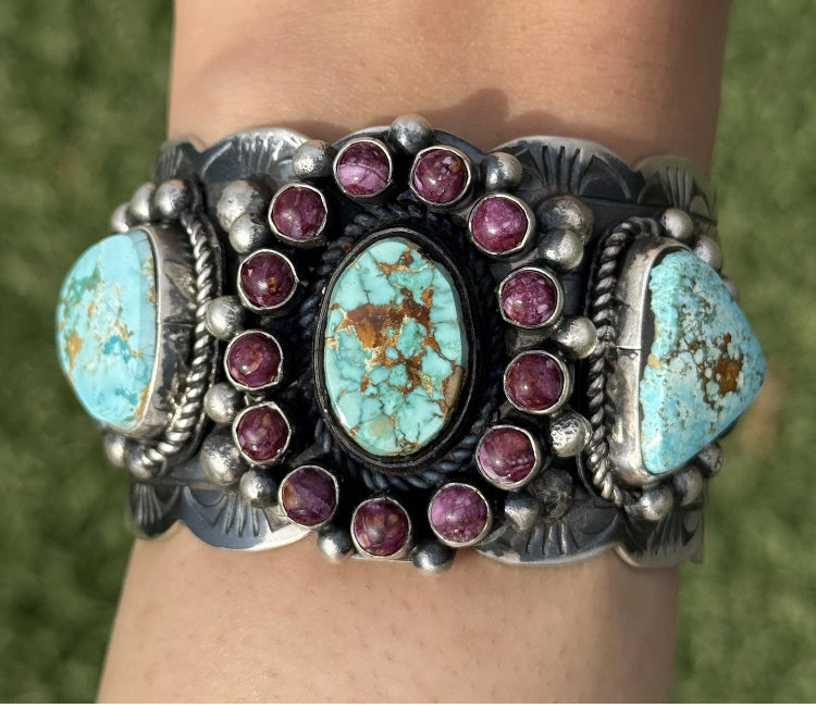 Navajo Sterling Silver Purple Spiny Oyster Turquoise Cluster Cuff Bracelet RY
