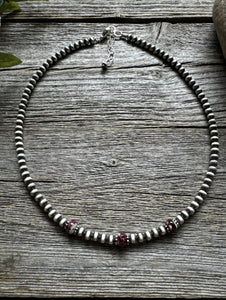 Sterling Silver 4mm Pearls Purple Spiny Oyster Bead Necklace Choker 14 inch