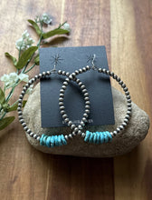 Load image into Gallery viewer, Large Sterling Silver Blue Turquoise Bead 4mm Pearls Loop Hoop Earrings. 3 Inch