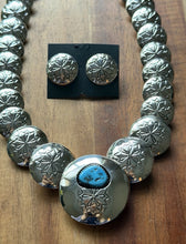 Load image into Gallery viewer, Navajo Sterling Silver Turquoise Stamped Pillow Beads Bead Necklace Earrings 22”