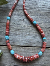 Load image into Gallery viewer, Heishi Sterling Silver Sleeping Beauty Turquoise Spiny Oyster Bead Necklace 18”
