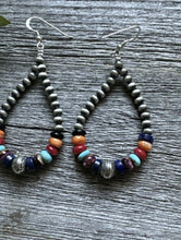 Load image into Gallery viewer, Southwestern Sterling Silver Multi Stone 4mm Pearls Bead Loop Dangle Earrings 3”