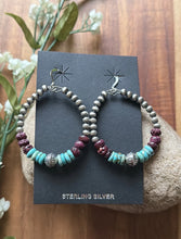 Load image into Gallery viewer, Sterling Silver Purple Spiny Oyster Turquoise Pearls Bead Loop Hoop Earrings
