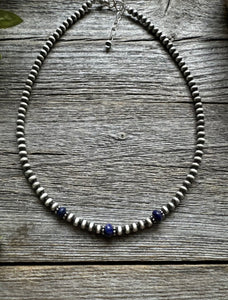 Sterling Silver 4mm Pearls with Lapis Bead Necklace Choker. 14 inch