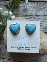 Load image into Gallery viewer, Navajo Sterling Silver Blue Turquoise Heart Stud Earrings. Gift