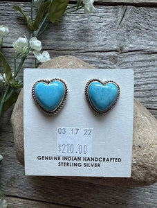 Navajo Sterling Silver Blue Turquoise Heart Stud Earrings. Gift
