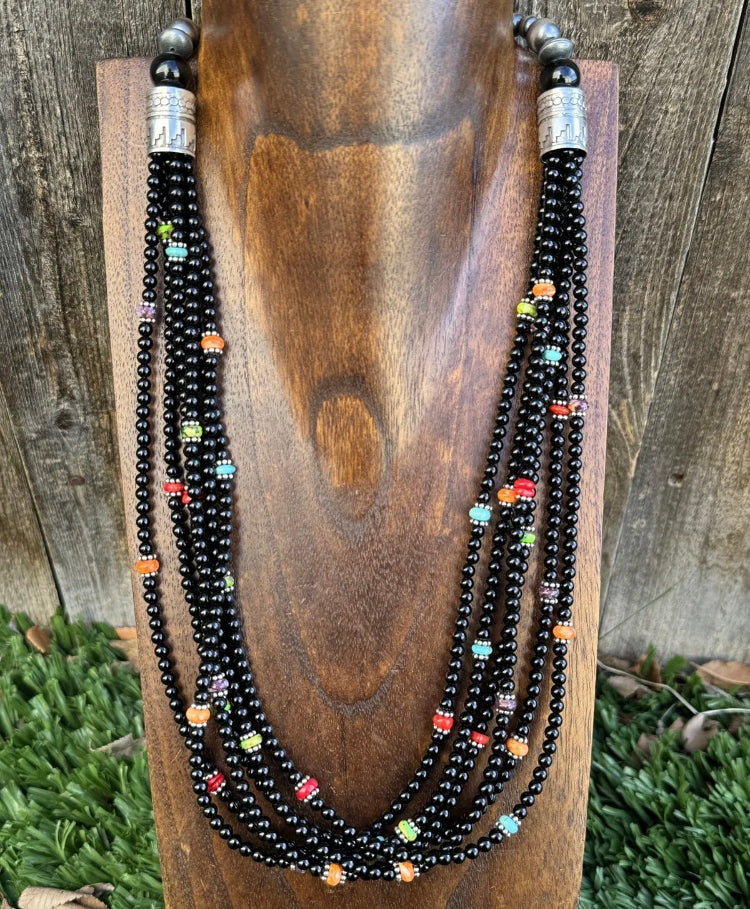 Sterling Silver Multi Strand Black Onyx Multi Stone Bead Necklace. 24 Inch