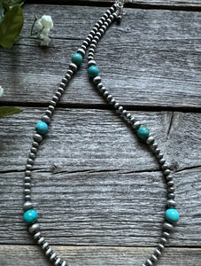 Southwestern Sterling Silver Turquoise 4mm Pearls Bead Necklace. 24 Inch. Gift