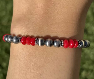 Red Coral 6mm 7 Inch Stretch Sterling Silver Pearls Bead Bracelet
