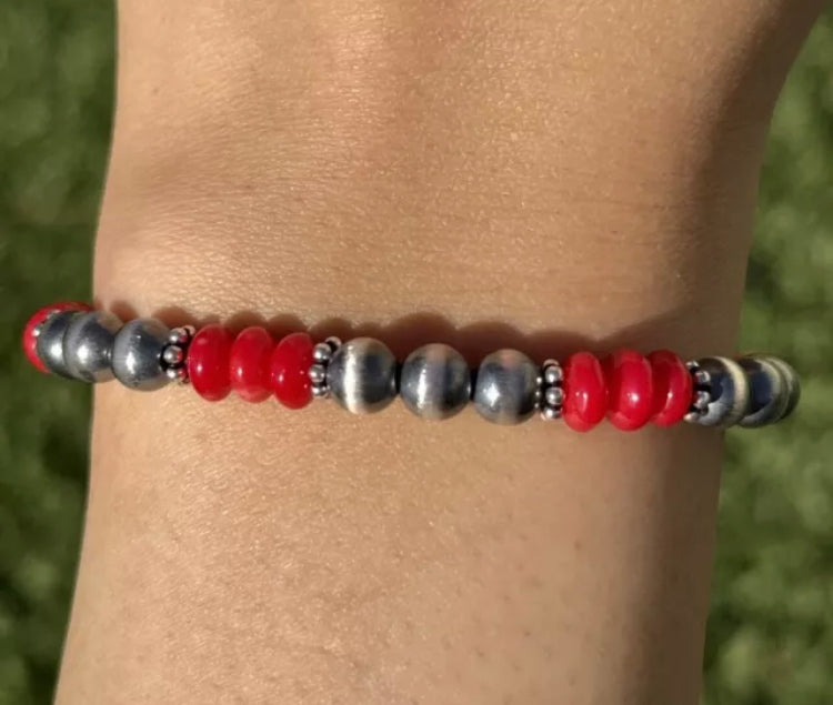 Red Coral 6mm 7 Inch Stretch Sterling Silver Pearls Bead Bracelet