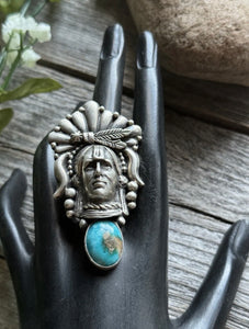 Navajo Sterling Silver Turquoise Indian Chief Head Adjustable Ring Russell Sam