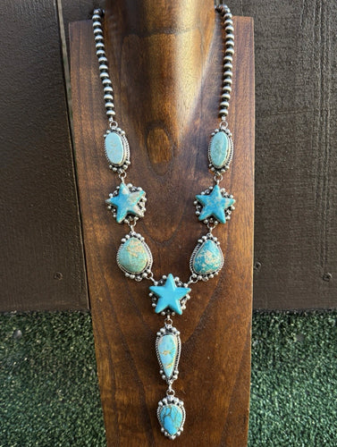 Navajo Sterling Silver Star Blue Green Turquoise Lariat Y Bead Necklace KY