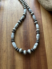 Load image into Gallery viewer, Sterling Silver White Buffalo Turquoise Nuggets W Pearls Bead Necklace. 18 inch