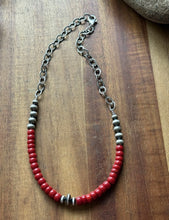 Load image into Gallery viewer, Sterling Silver Graduated Red Coral Pearls Chain Bead Necklace. 16 Inch. Gift