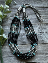 Load image into Gallery viewer, Sterling Silver Multi Strand Black Onyx with Turquoise Bead Necklace. 30 Inch