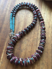 Load image into Gallery viewer, Sterling Silver Graduated Purple Spiny Oyster Turquoise Pearls Bead Necklace 26”