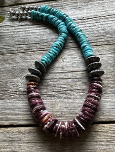 Sterling Silver Purple Spiny Oyster W Turquoise Bead Necklace. 18 inch