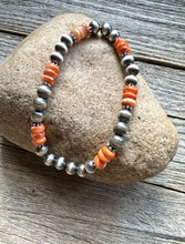 Load image into Gallery viewer, Orange Spiny Oyster 6mm 7 Inch Stretch Sterling Silver Pearls Bead Bracelet Gift