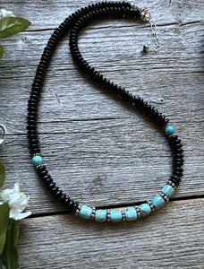 Southwestern 925 Sterling Silver Black Onyx Turquoise Bead Necklace 18 Inch