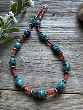 Load image into Gallery viewer, Natural Coral Kingman Turquoise Nuggets Sterling Silver Bead Necklace 18 Inch
