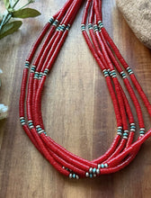 Load image into Gallery viewer, Sterling Silver Multi Strand Heishi Bamboo Coral Turquoise Bead Necklace 22 Inch