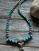 Load image into Gallery viewer, Navajo Sterling Silver Blue Turquoise Bar Pearls Necklace 16 inch Kevin Billah