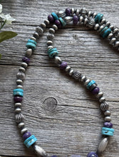 Load image into Gallery viewer, Sterling Silver Charoite Turquoise Bead Necklace. 22 Inch