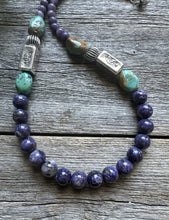 Load image into Gallery viewer, Southwestern Sterling Silver Charoite Turquoise Kokopelli Bead Necklace. 20 Inch