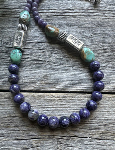 Southwestern Sterling Silver Charoite Turquoise Kokopelli Bead Necklace. 20 Inch