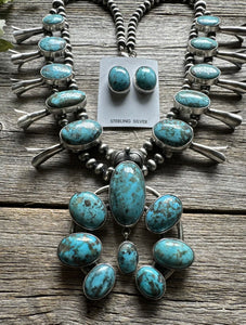 Navajo Sterling Silver White Water Turquoise Squash Blossom Pearls Necklace G