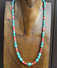 Load image into Gallery viewer, Sterling Silver Graduated Turquoise Heishi Spiny Oyster Bead Necklace 23 Inch
