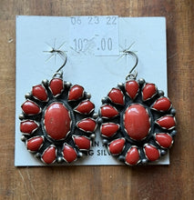Load image into Gallery viewer, Navajo Native American Sterling Silver Red Coral Cluster Earrings. Gift 1.9 Inch