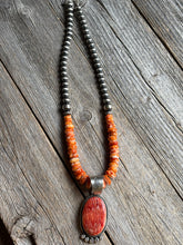 Load image into Gallery viewer, Handmade Navajo Sterling Silver and Orange Spiney Oyster Pendant  with Necklace