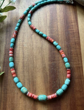 Load image into Gallery viewer, Sterling Silver Graduated Turquoise Heishi Spiny Oyster Bead Necklace 23 Inch