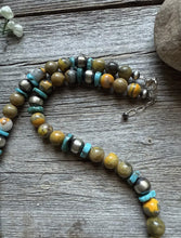 Load image into Gallery viewer, Sterling Silver Bumblebee Jasper Turquoise W Pearls Bead Necklace. 22 inch