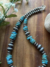 Load image into Gallery viewer, Sterling Silver Blue Turquoise W Flat Saucer Pearls Bead Necklace. 18 inch