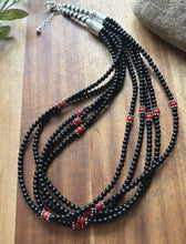 Load image into Gallery viewer, Sterling Silver Multi Strand Black Onyx Red Coral Bead Necklace. 22 Inch